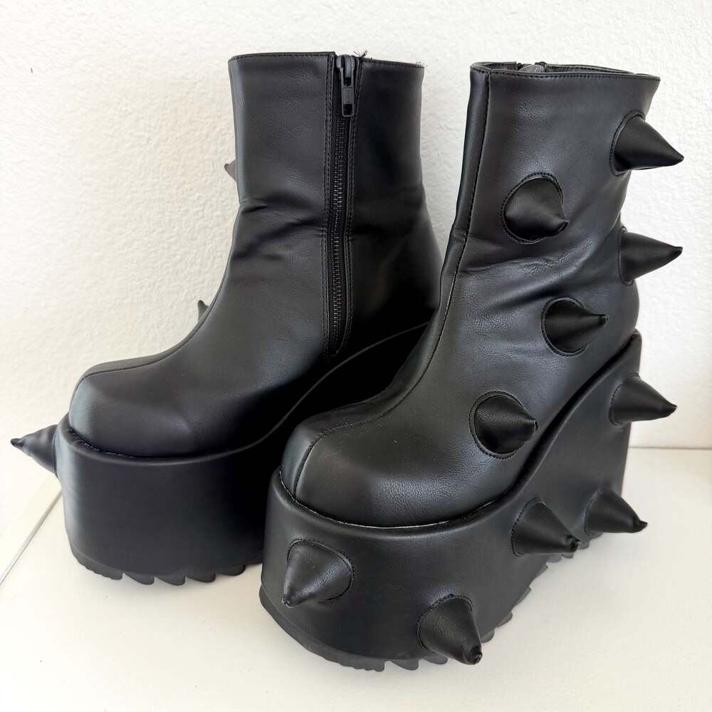 Demonia Slay-77 Spiked Vegan Leather Wedge Platform Boots Size 9